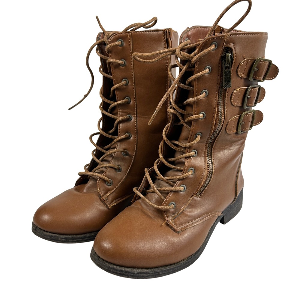 Rouge Brown Lace Up Combat Ankle Boots Side Zip‎ Buckle Detail Womens 6.5 Grunge